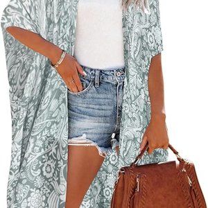 NWT * MOSS ROSE Women's Beach Cover-up BOHEMIAN KIMONO *Green Paisley*  one size